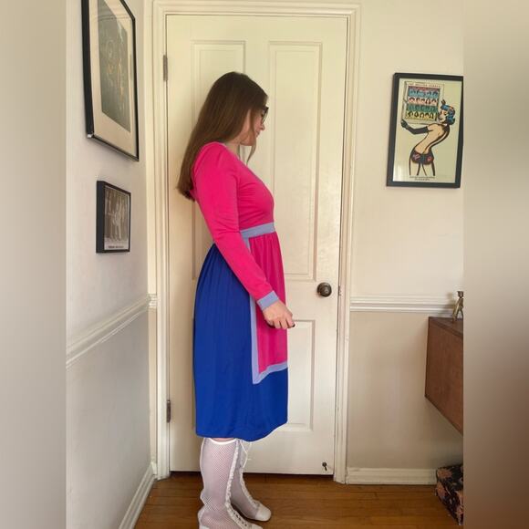 70s Vintage Robert David Morton Color Block Long Sleeve Dress - Picture 2 of 7